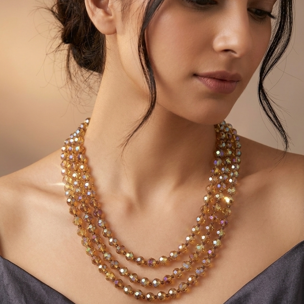 Triple-Strand Gold Crystal Necklace - Women Jewelry